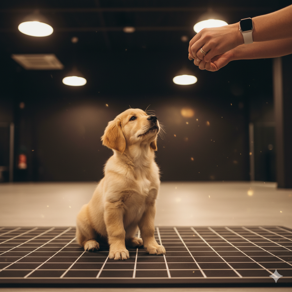 Treinador profissional com cachorro em tapete de treino
